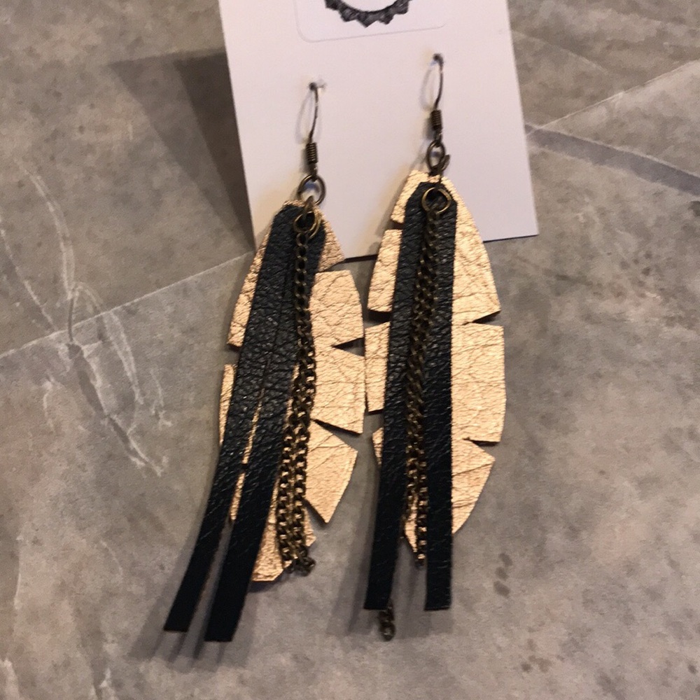 Leather Feather Gold/Dark Teal Dangle Earrings